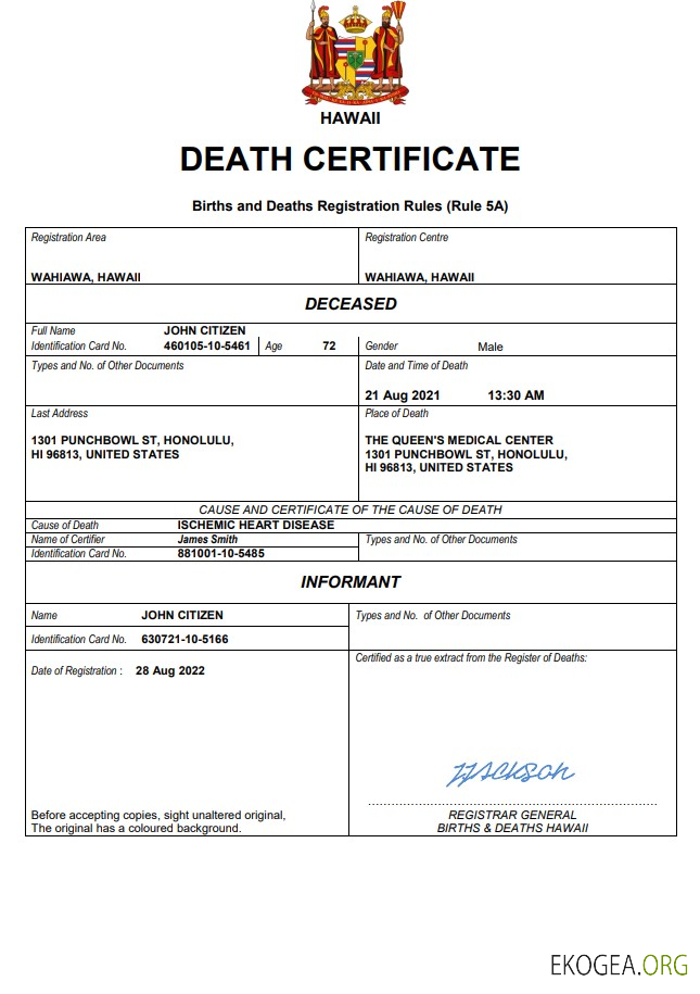 Modèle Word et PDF de certificat de décès d'Hawaï